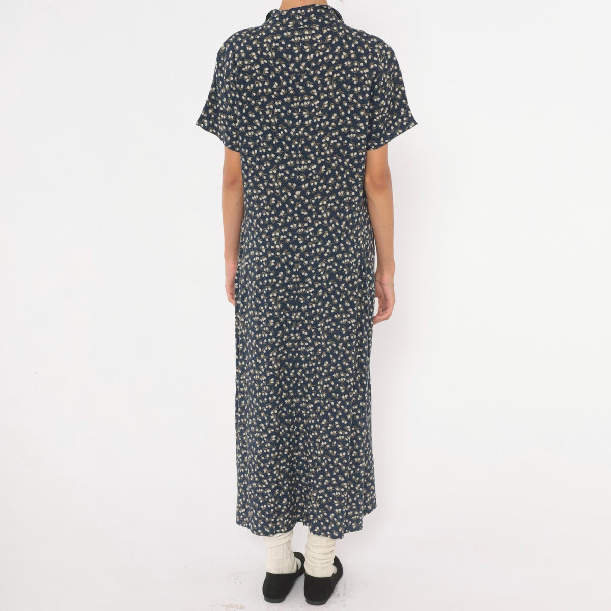 90s Chico's Design Navy Floral Midi Shirt Dress Pearl Buttons Medium M