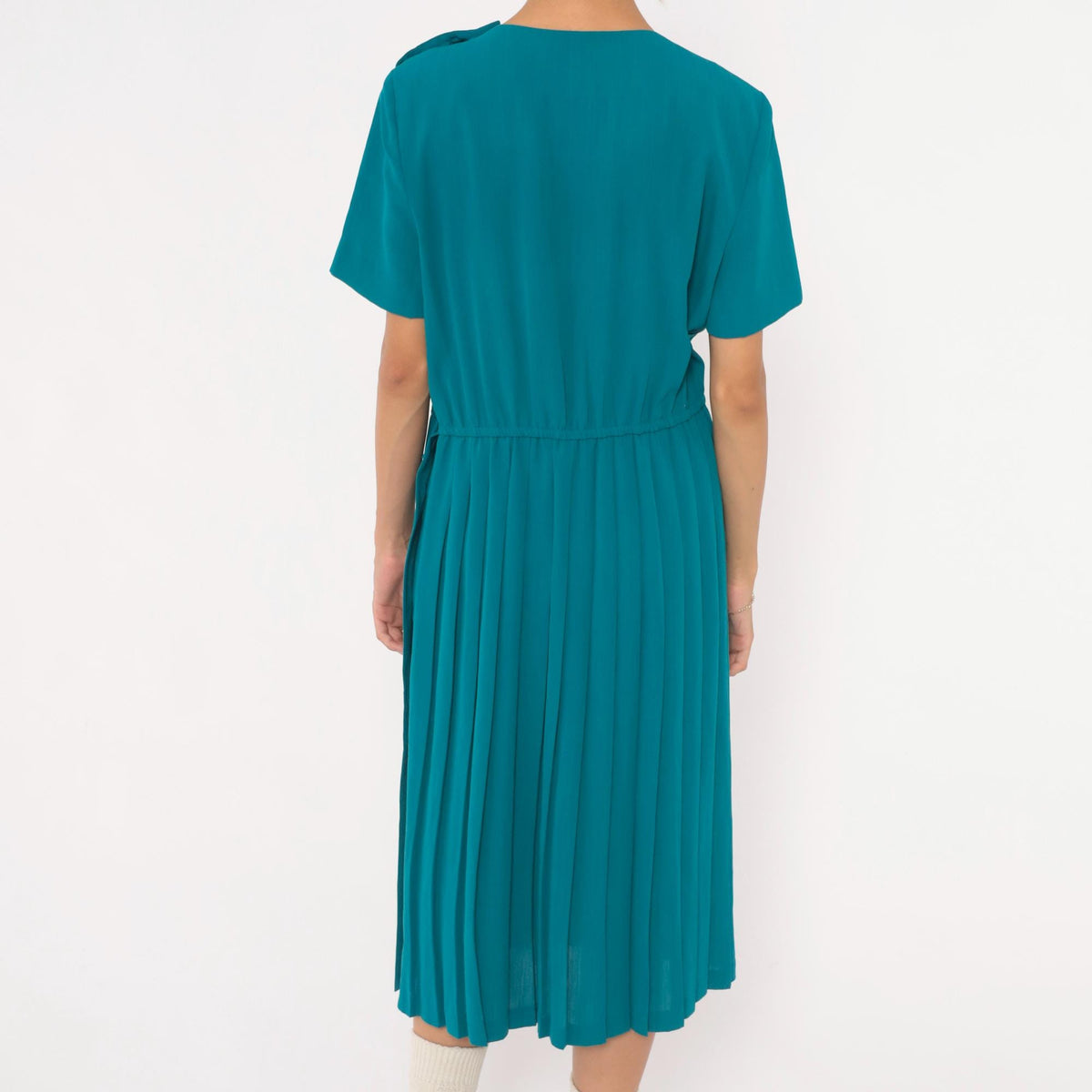 80s Leslie Fay Teal Pleated Midi Dress Shoulder Pads Accordion Skirt Small