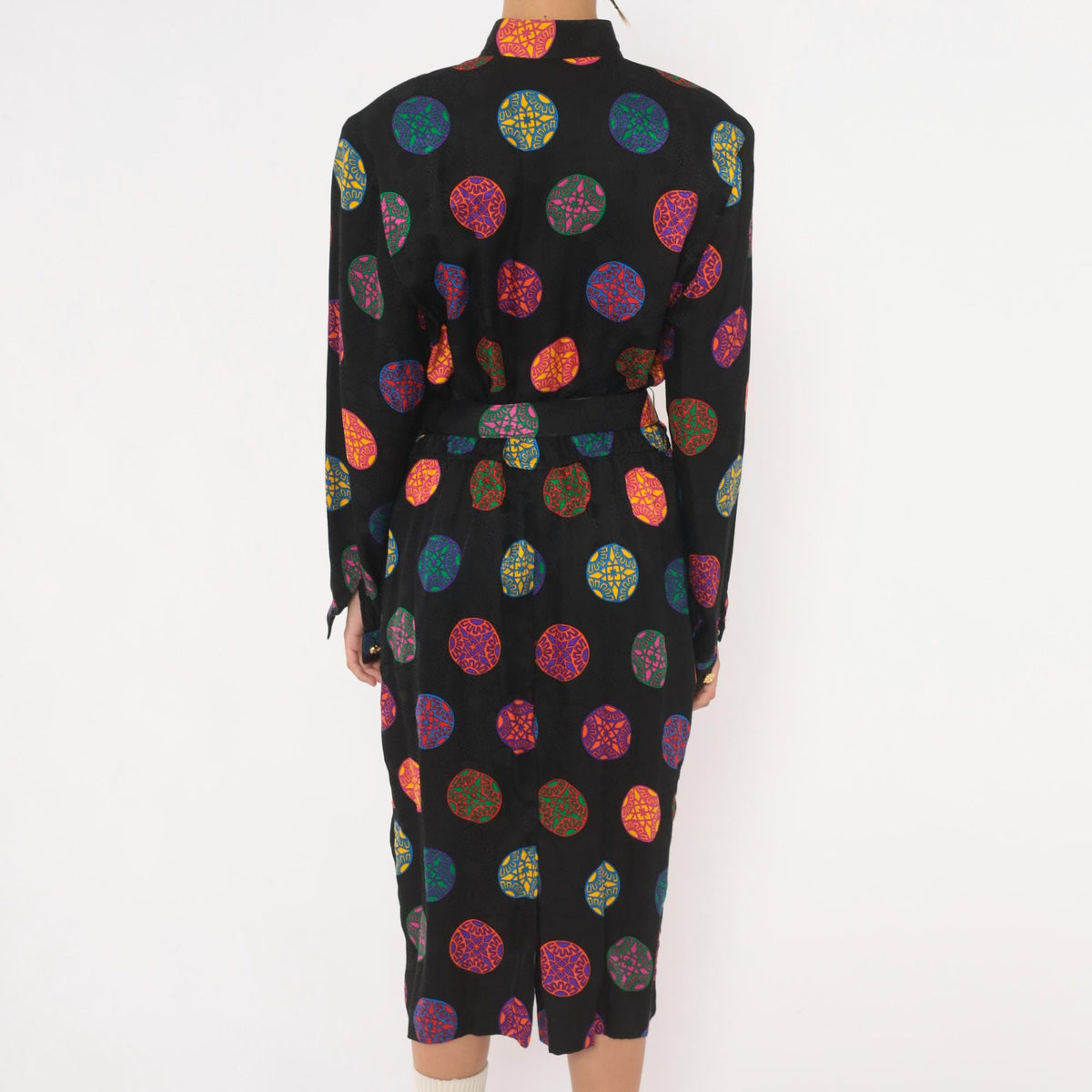80s Gay Boyer Collections Black Silk Midi Dress Medallion Print Mandarin Collar Medium