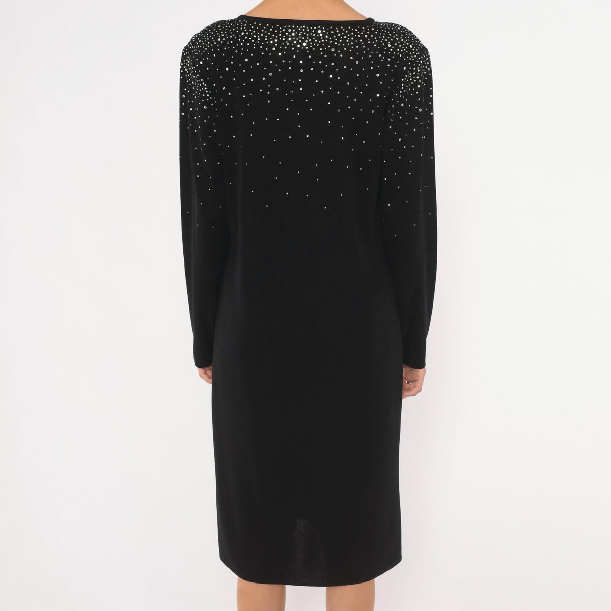 90s Misook Black Rhinestone Knit Dress Long Sleeve Shift Small S