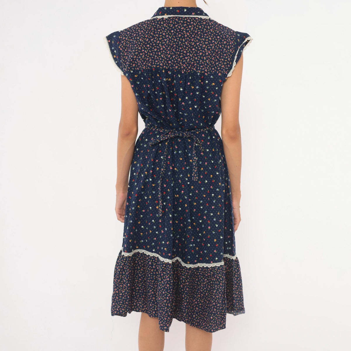 70s Navy Floral Calico Prairie Dress Cotton Cap Sleeve Button Front Small