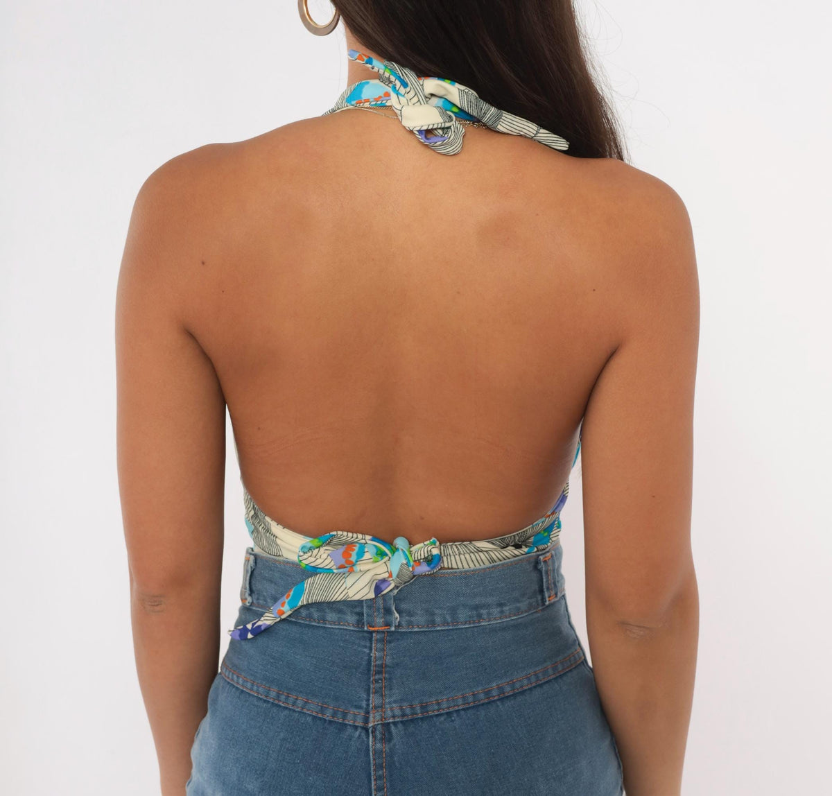 70s Tropical Butterfly Halter Crop Top Cream Floral Plunge V-Neck Small
