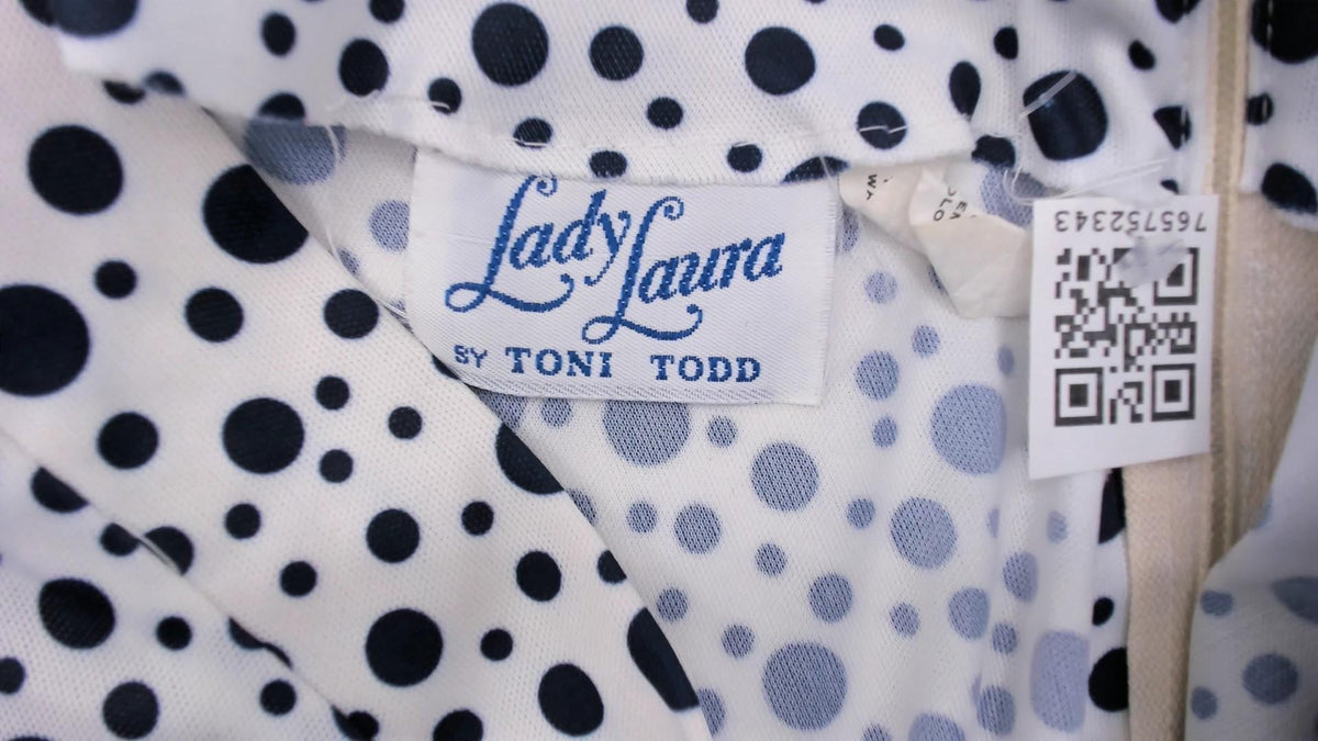 70s Lady Laura Navy White Polka Dot Shift Dress Tie Front Knee Length Extra Large