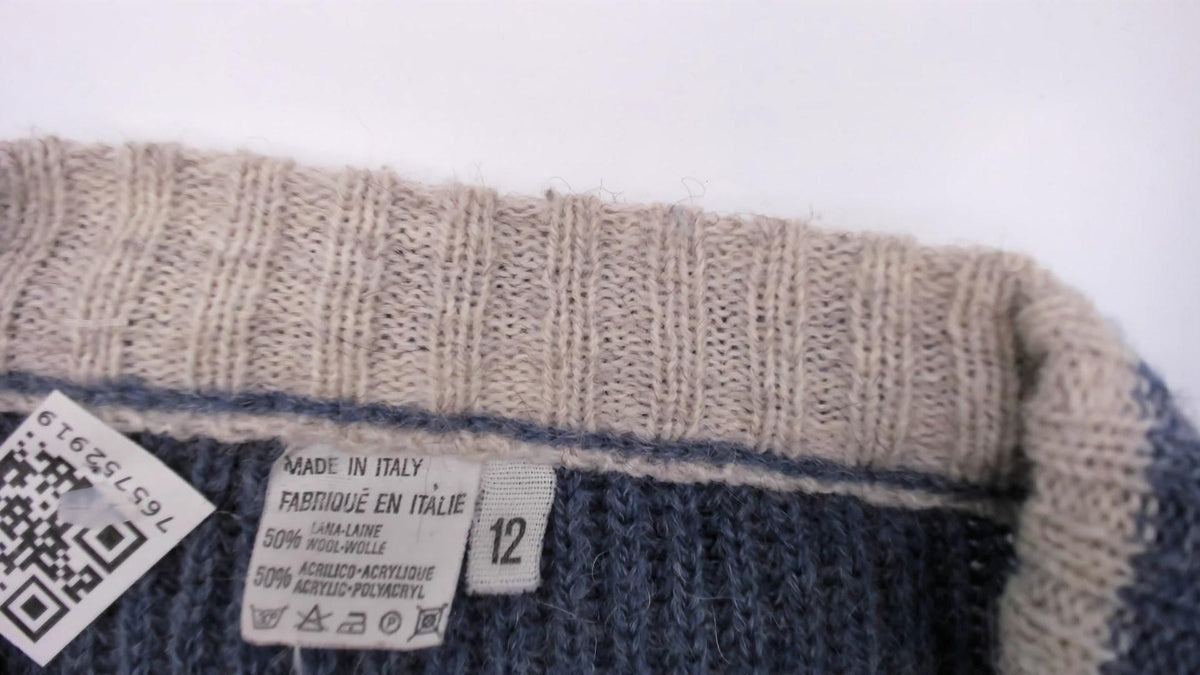 80s Bobsledding Winter Games Wool Knit Pullover Blue Cream Stripe Medium
