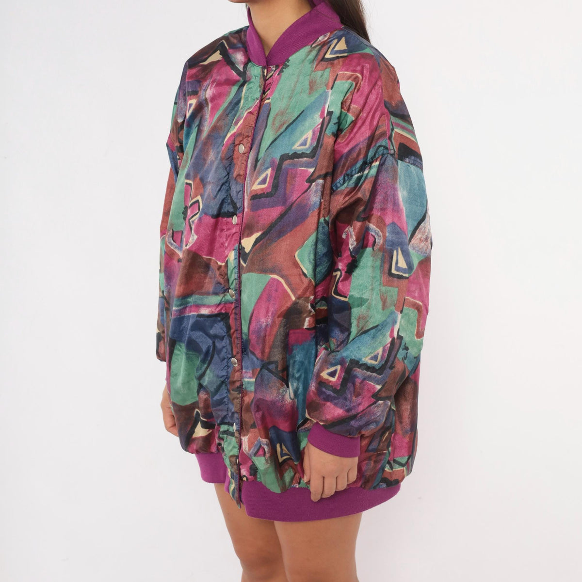 80s Abstract Reversible Bomber Jacket Purple Green Geometric Snap Front Medium