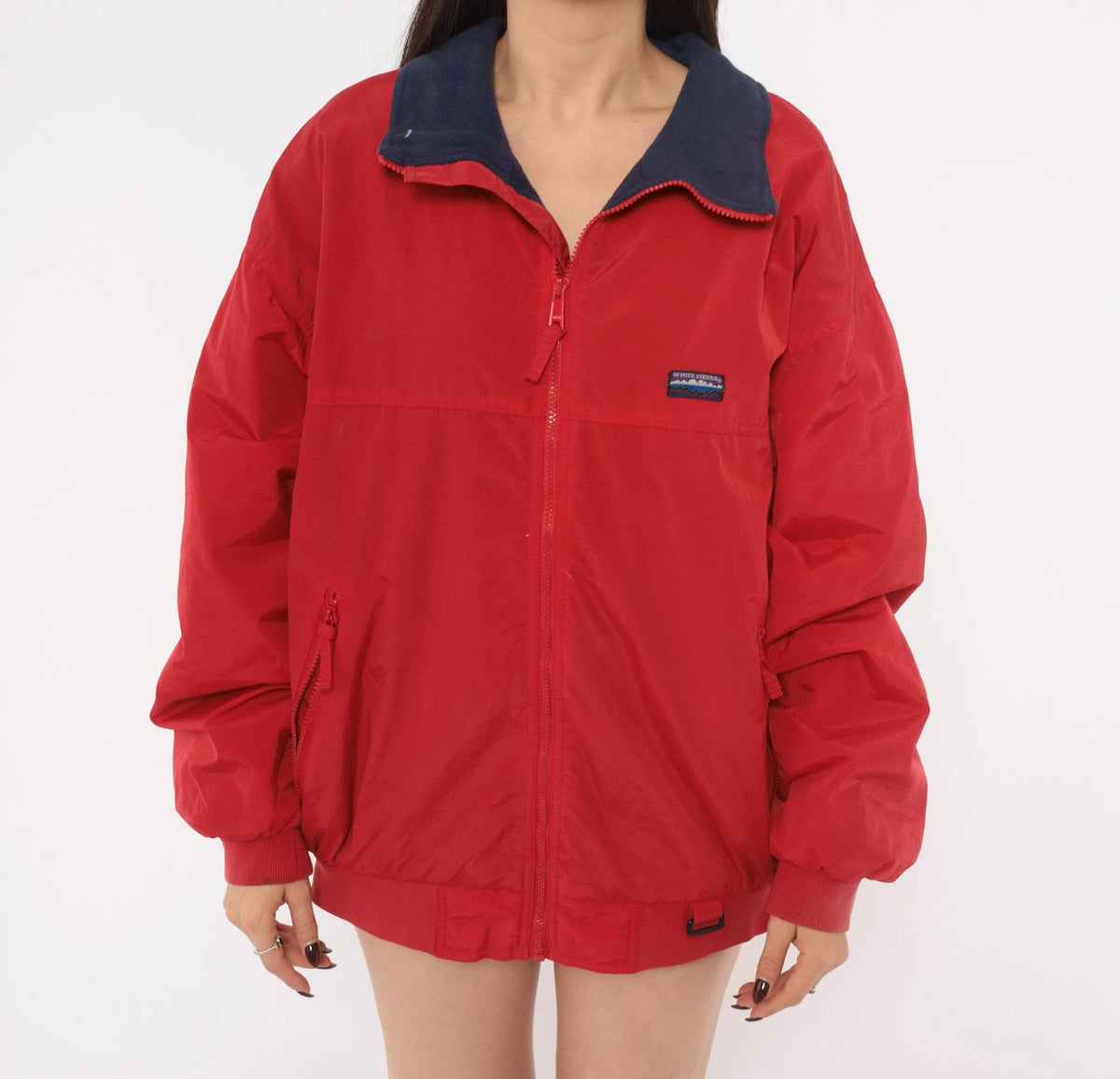 90s White Sierra Red Bomber Jacket Navy Fleece Lined Windbreaker Large L