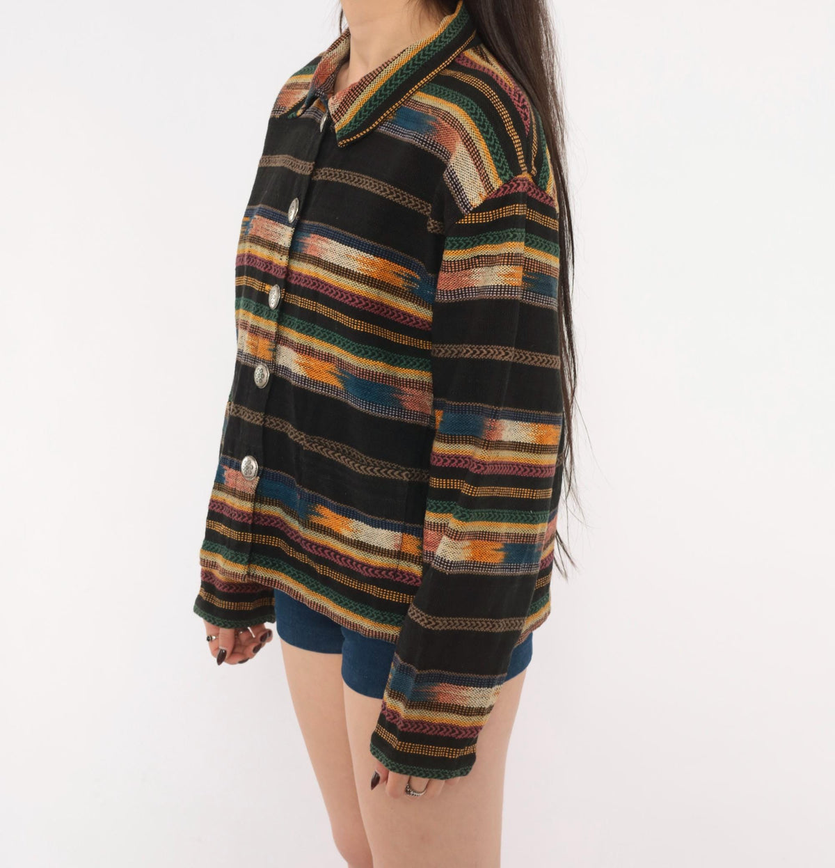 90s TanTrums Southwestern Woven Jacket Black Tapestry Concho Button Medium