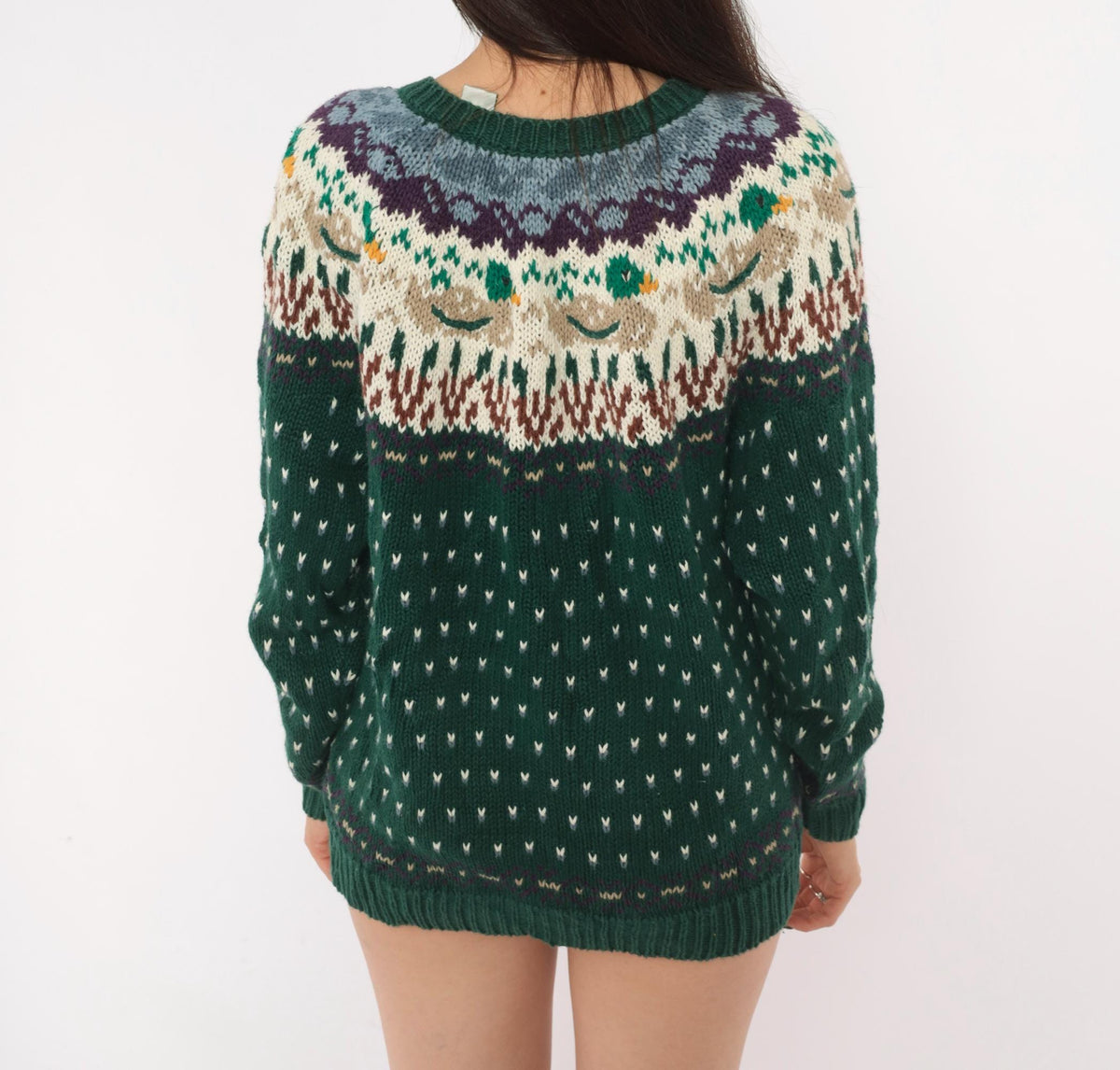 90s Northern Isles Fair Isle Cardigan Mallard Duck Forest Green Medium