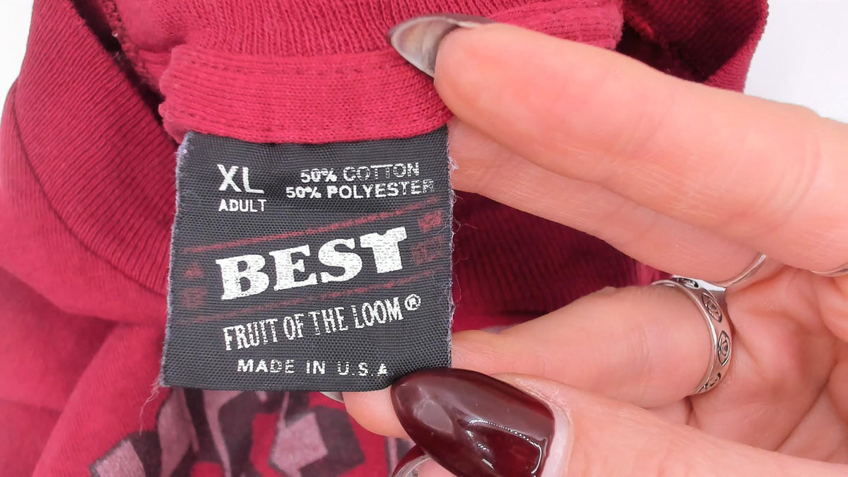 90s Fruit of the Loom Cowboy Boots Graphic Tee Burgundy Western Print Large