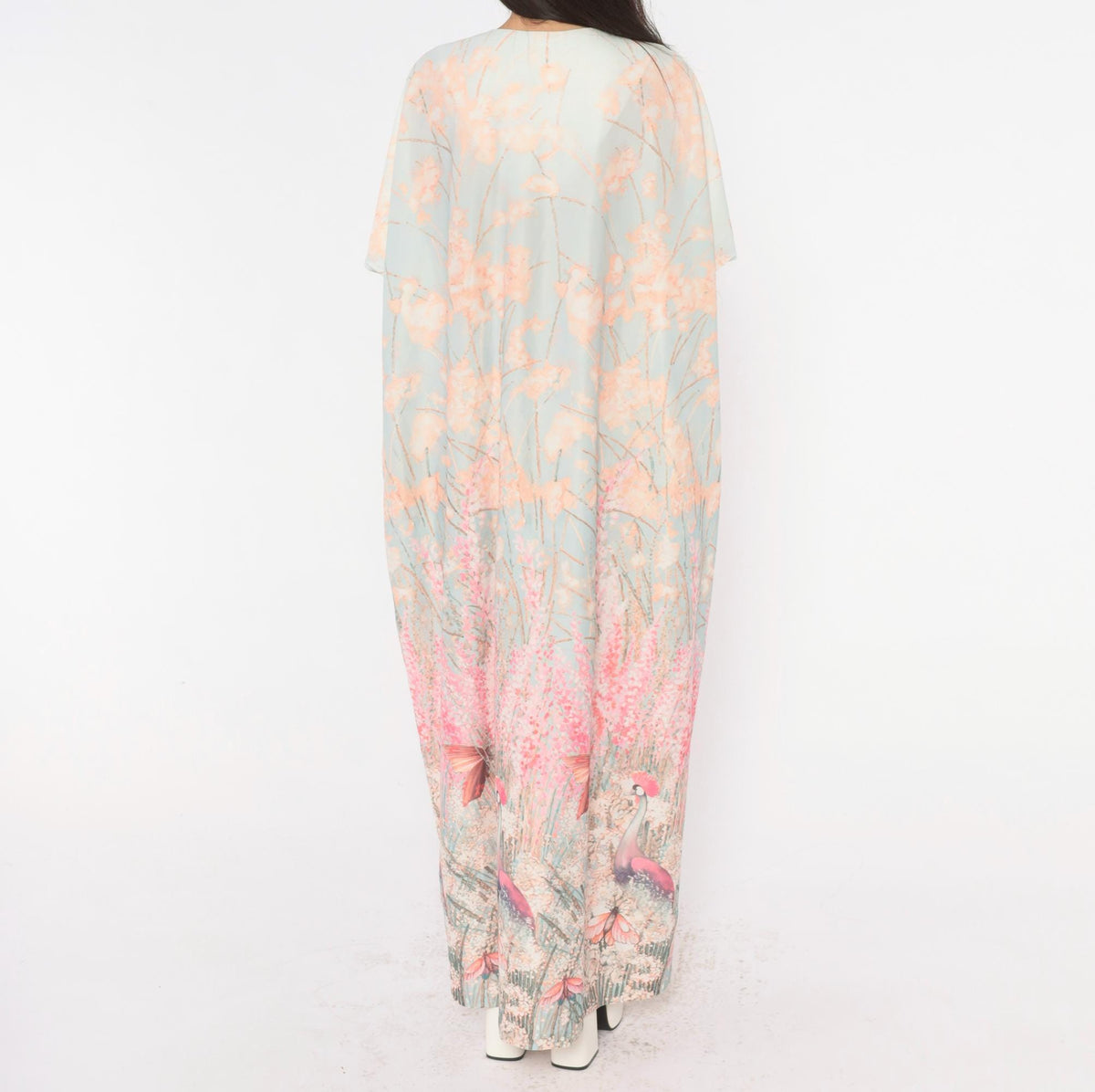 70s T.V. Sangers Crane Bird Caftan Maxi Dress Blue Pink Floral Large