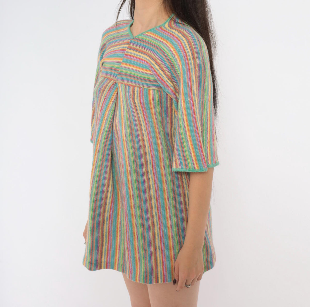70s Key of Gee Rainbow Striped Knit Mini Dress V Neck A Line Extra Small
