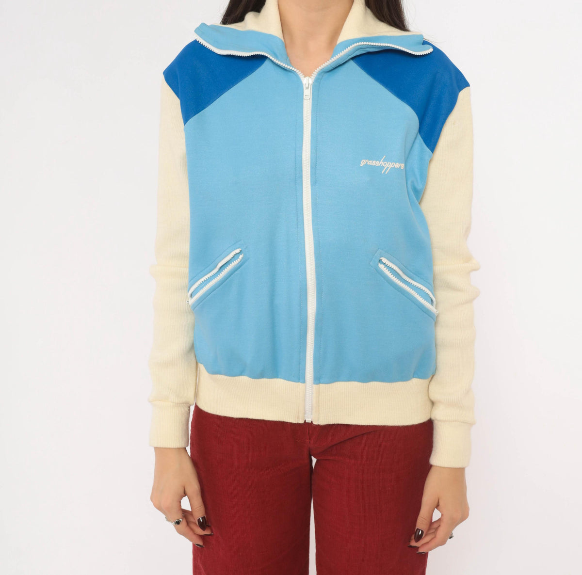 80s Grasshoppers Color Block Track Jacket Light Blue Cream Knit Small