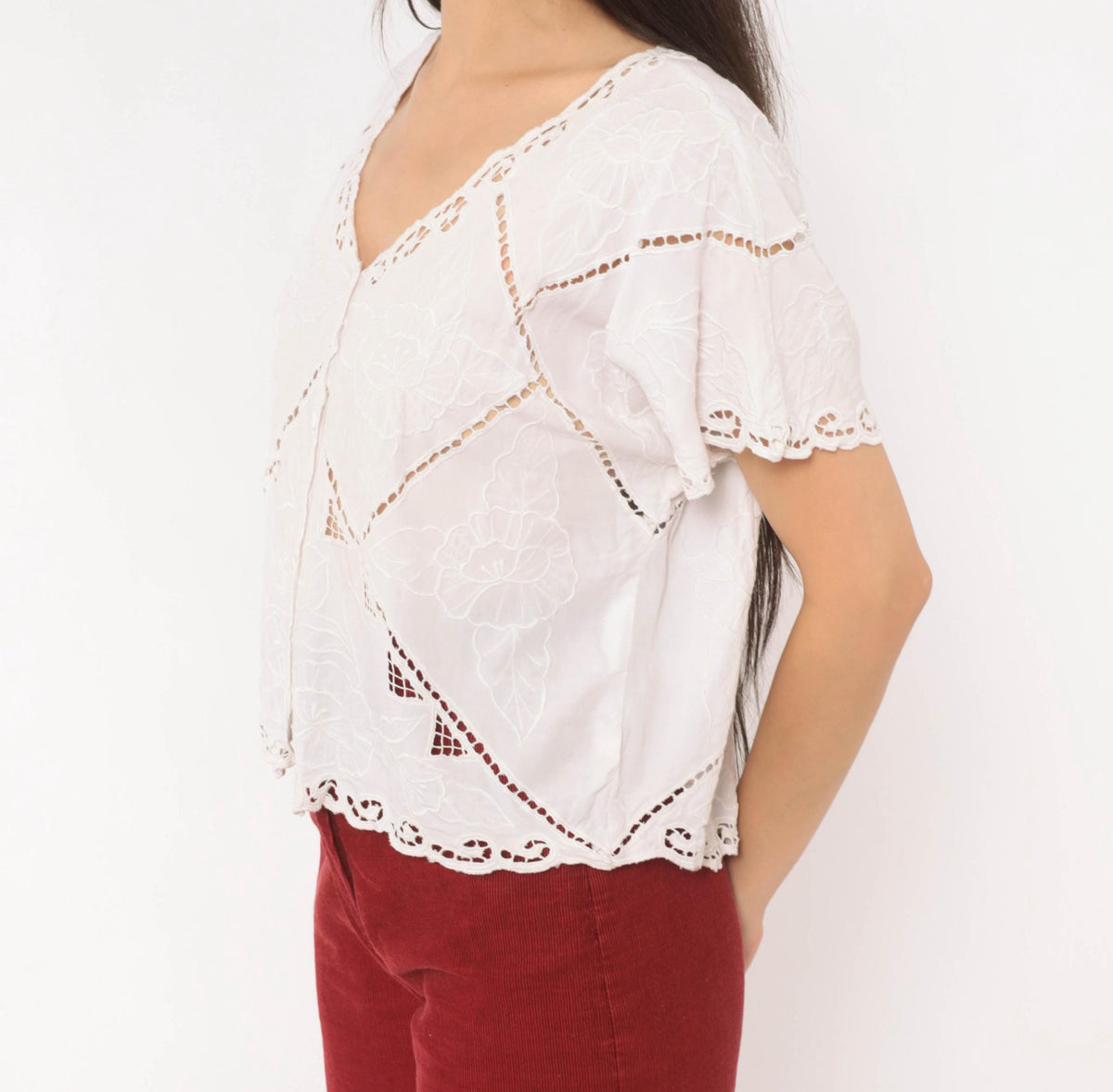 90s Hibis White Cutwork Eyelet Blouse Embroidered Floral Flutter Sleeve Large