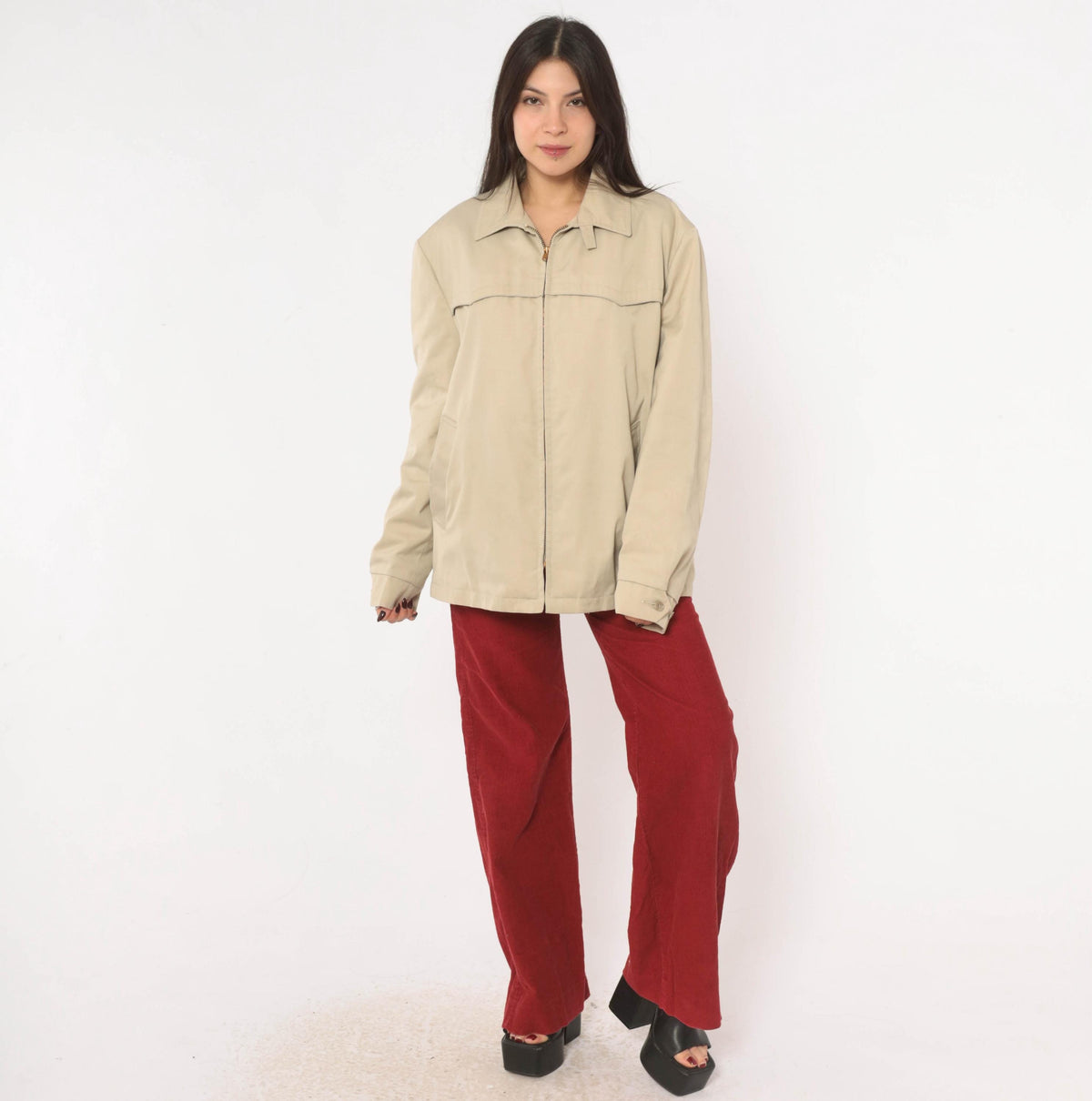 80s Sears Beige Harrington Jacket Western Yoke Pointed Collar Unisex Large