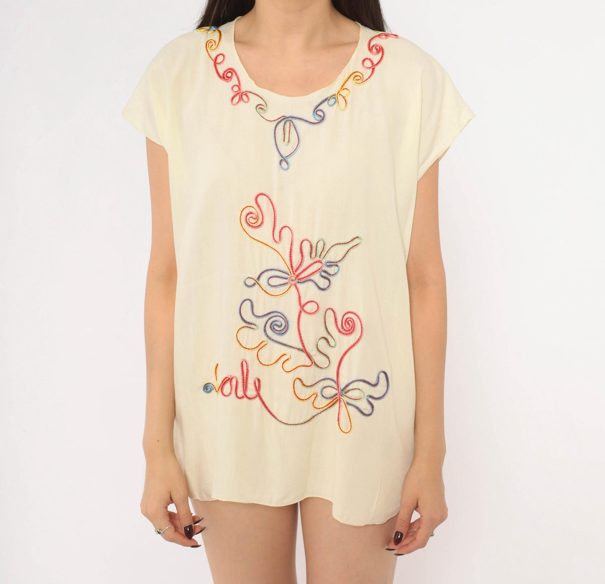 Y2K Cream Blouse Rainbow Soutache Embroidered Floral Cap Sleeve Medium M