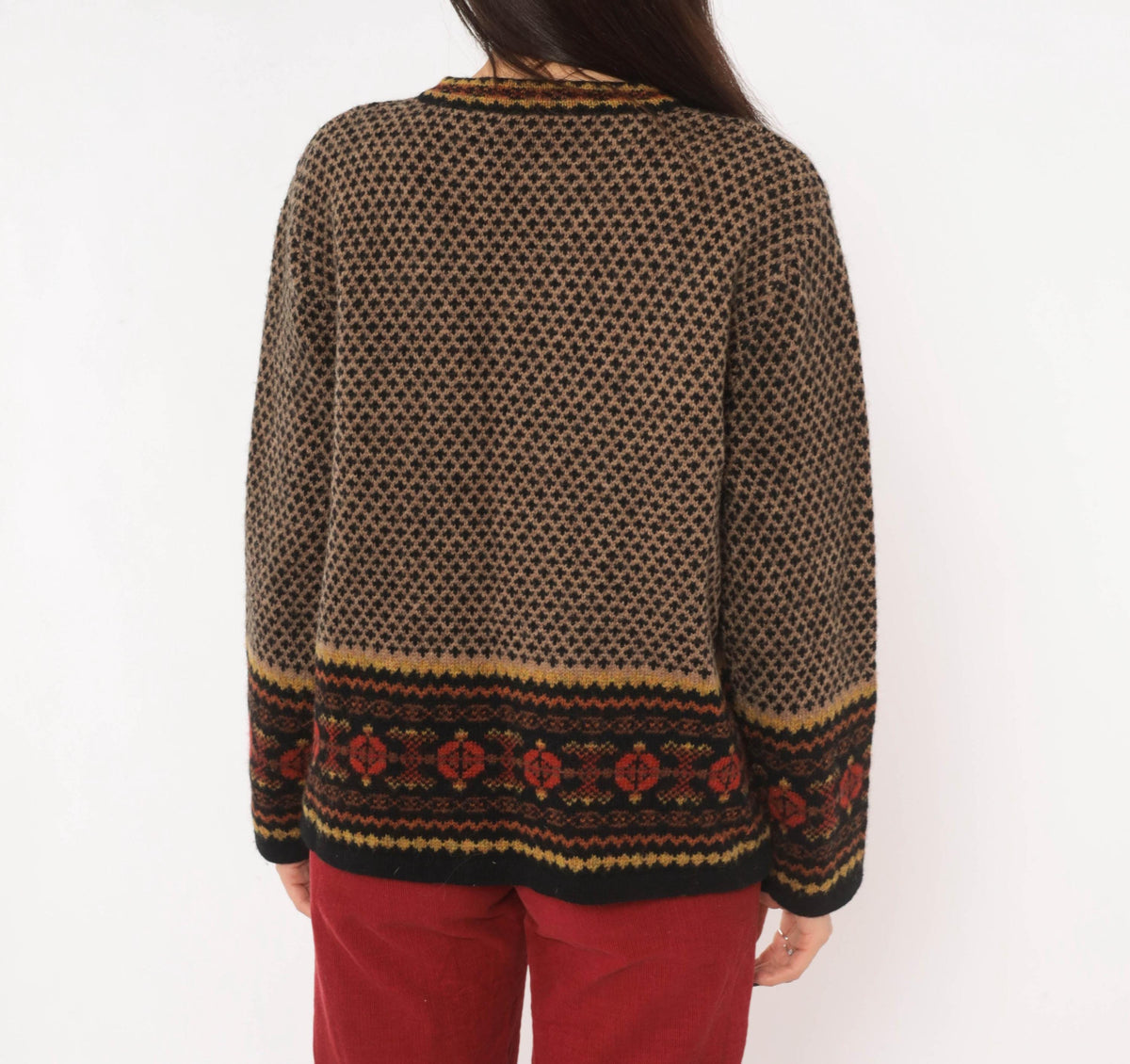 90s Skyr Wool Cardigan Black Tan Fair Isle Nordic Knit Small S