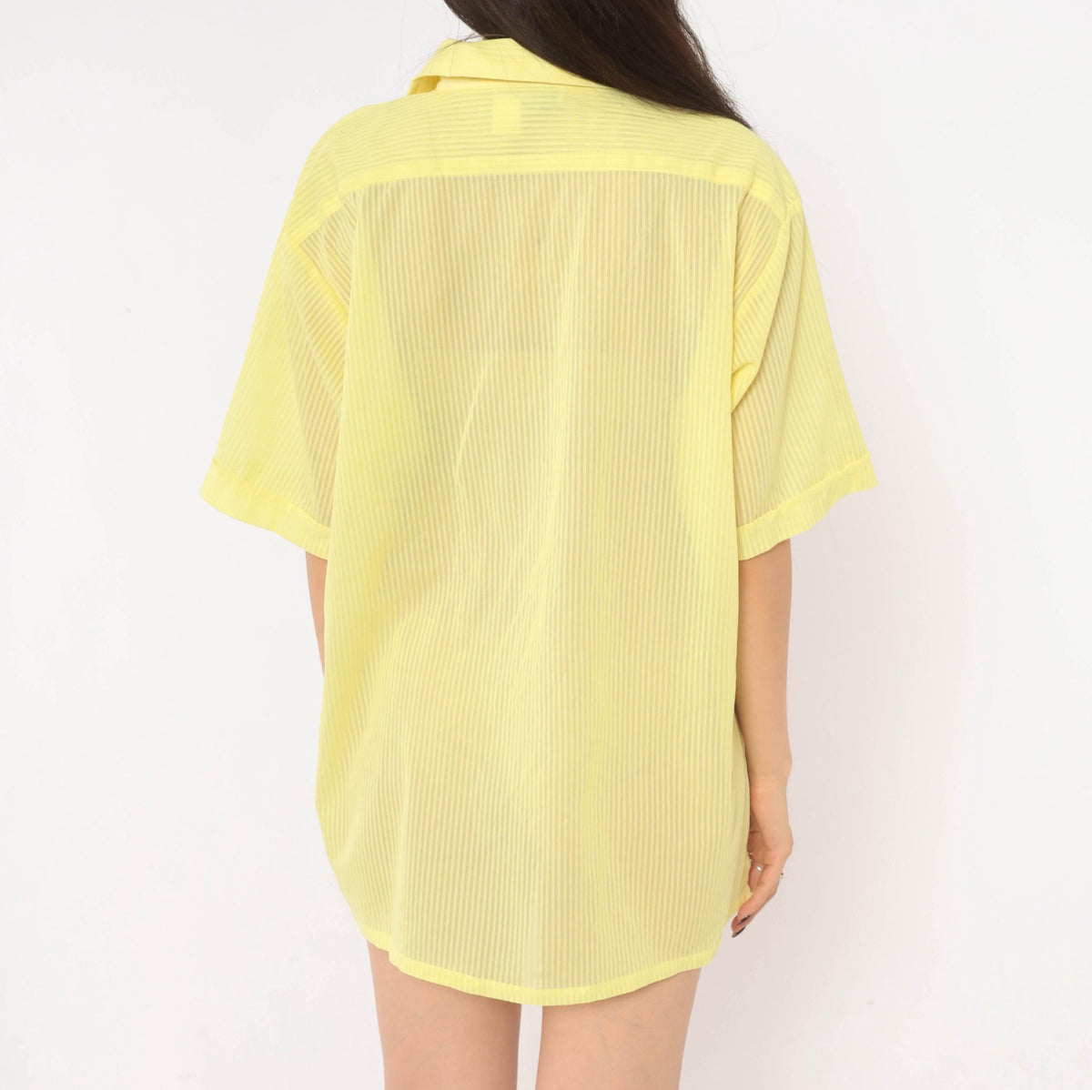 70s Jean Phillipe Yellow Striped Button-Up Shirt Pointed Collar Sheer Large