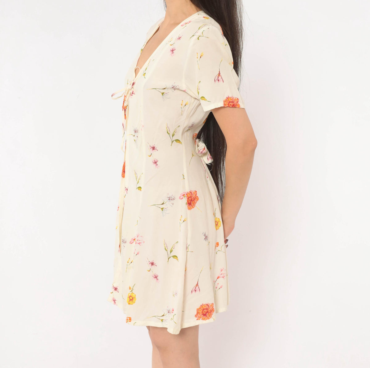 90s Wag Girls Floral Dress Cream Ditsy Print Tie Front Knee Length Extra Small XS