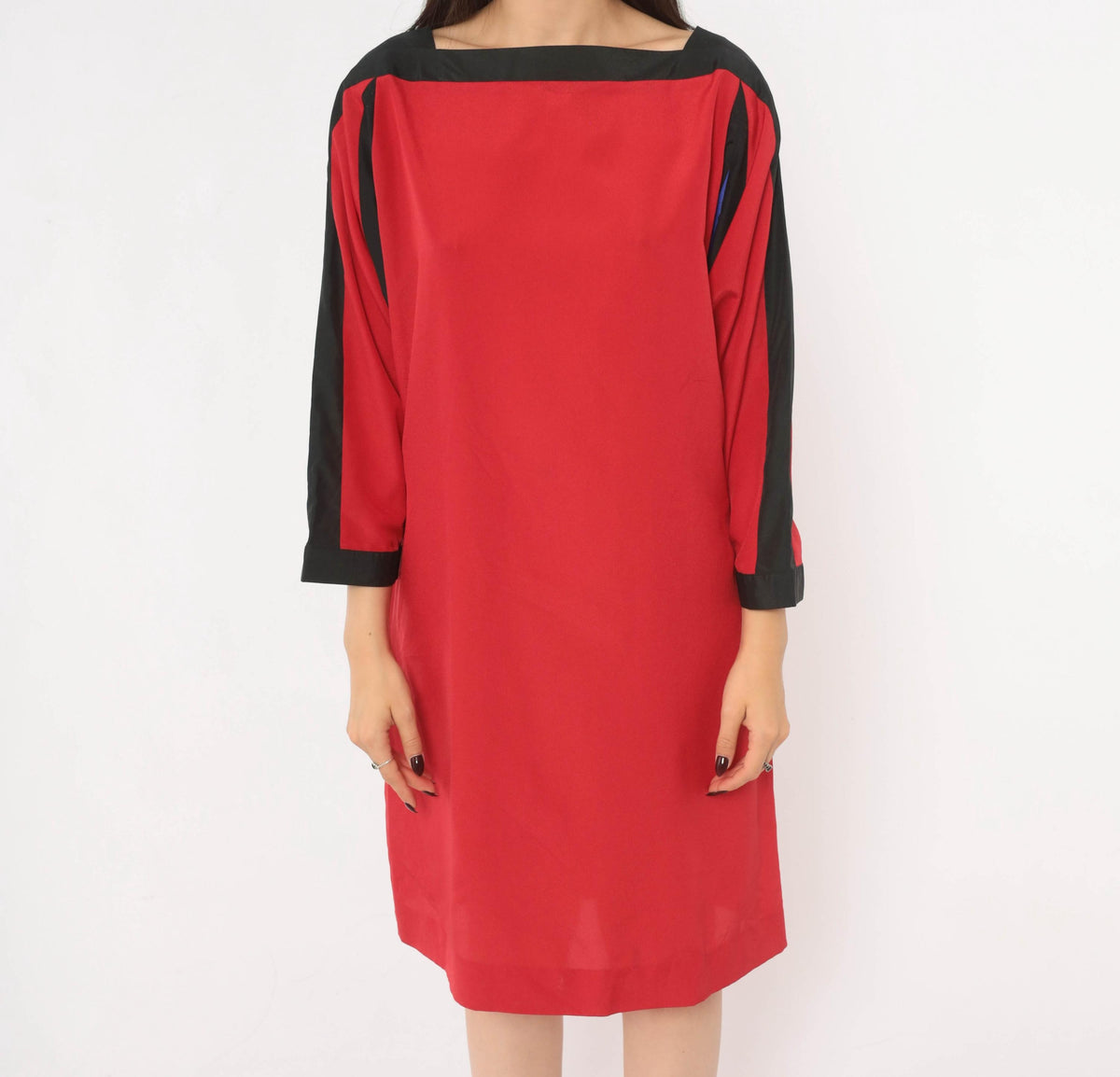 80s Red Color Block Shift Dress Batwing Dolman Sleeve Boat Neck Medium