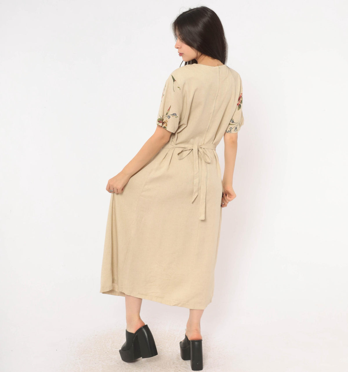 90s Just in Thyme Floral Midi Dress Cream Rose Print A-Line Large L