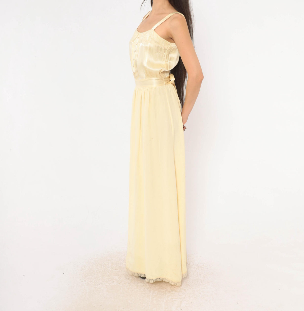 70s Gunne Sax Maxi Dress Cream Satin Lace Pearl Button Spaghetti Strap Medium M