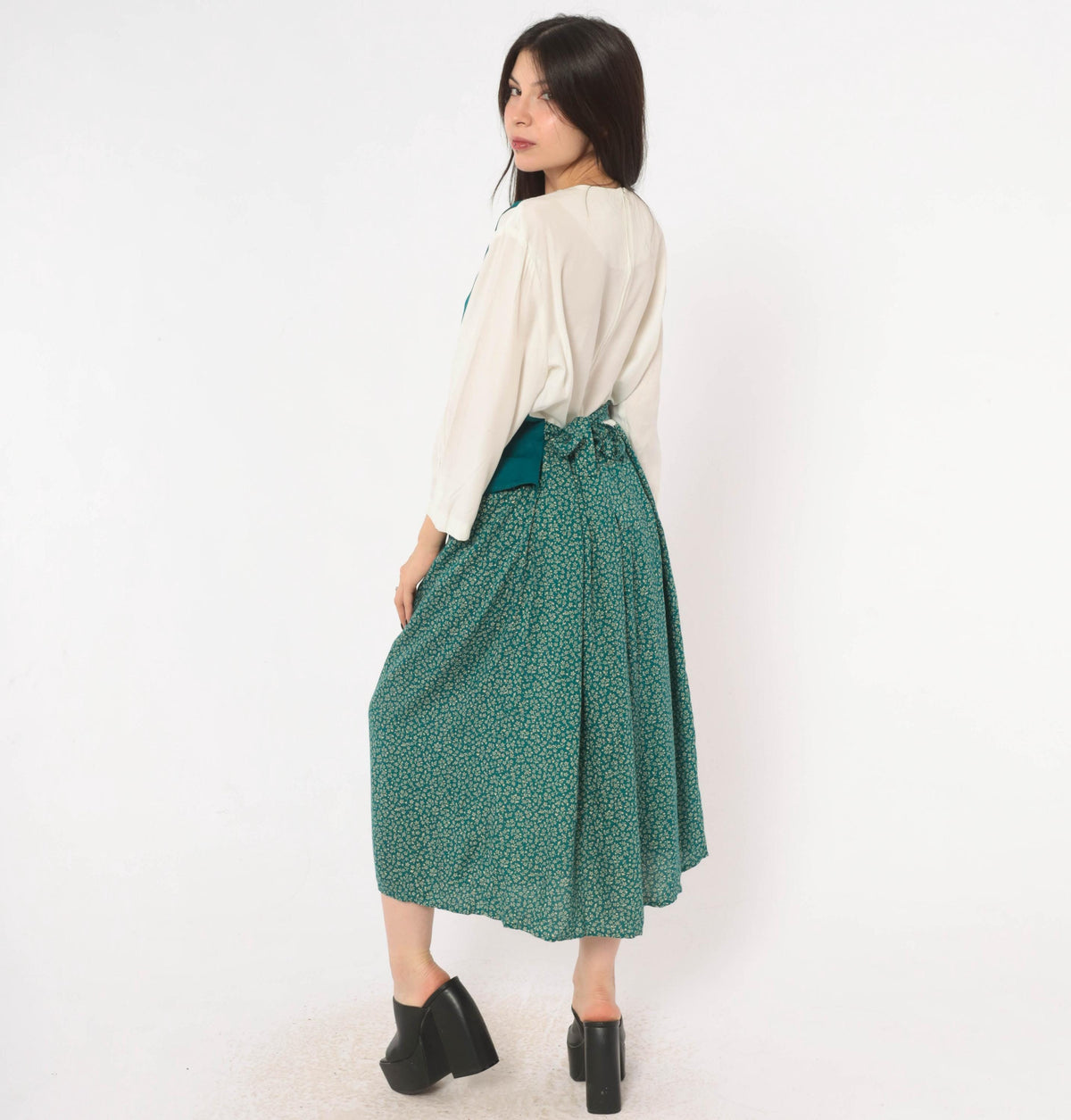 90s Olivia Rose Ditsy Floral Midi Dress Teal Green Vest Bodice Large L