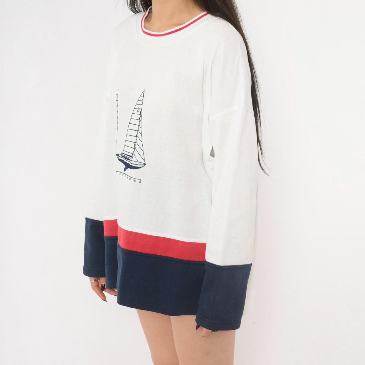 90s Kini Sailboat Embroidered Crewneck Sweatshirt White Navy Cotton Extra Large XXL