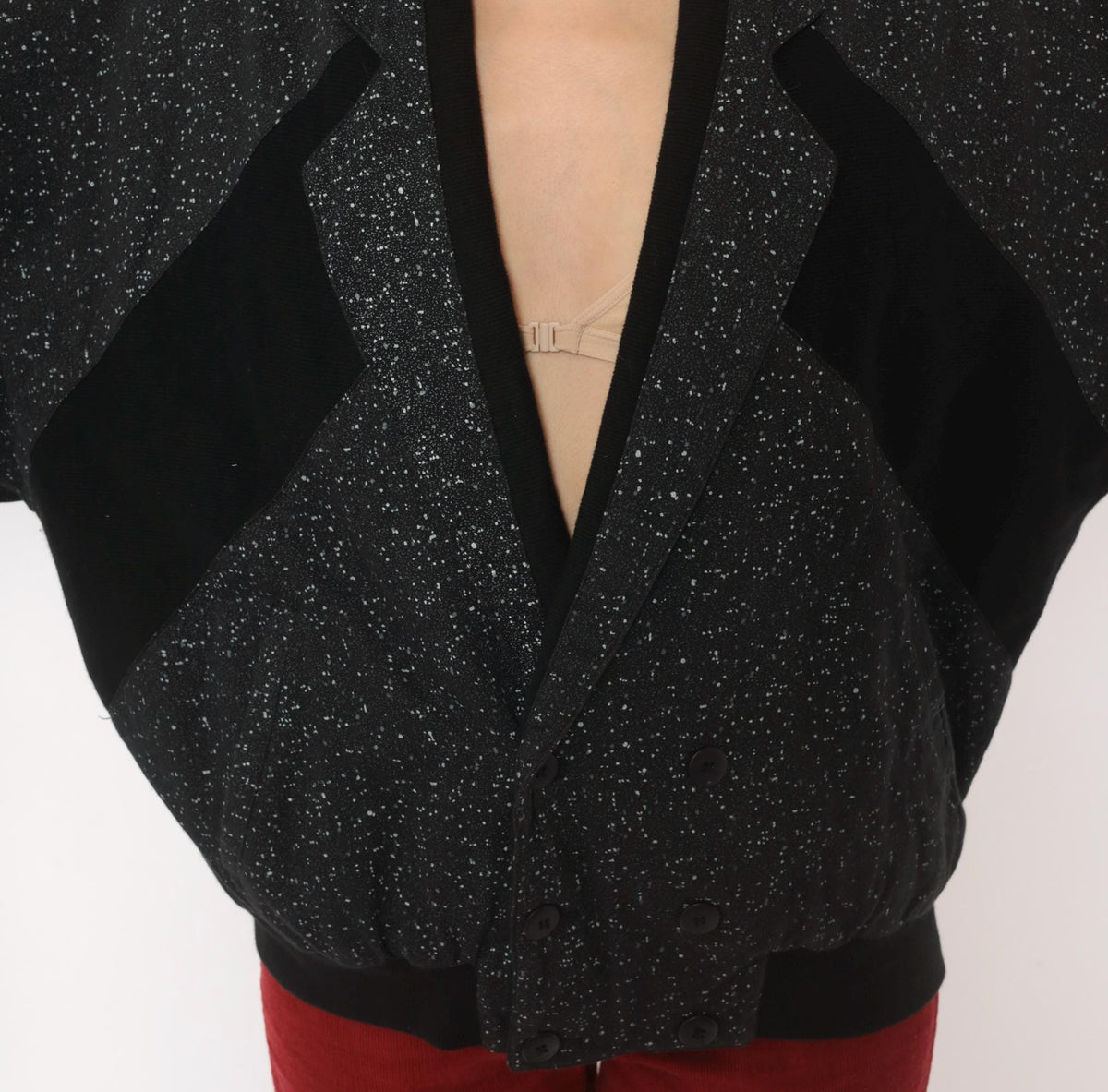 90s Code Zero Black Cotton Bomber Jacket White Speckled Notched Lapel Large L