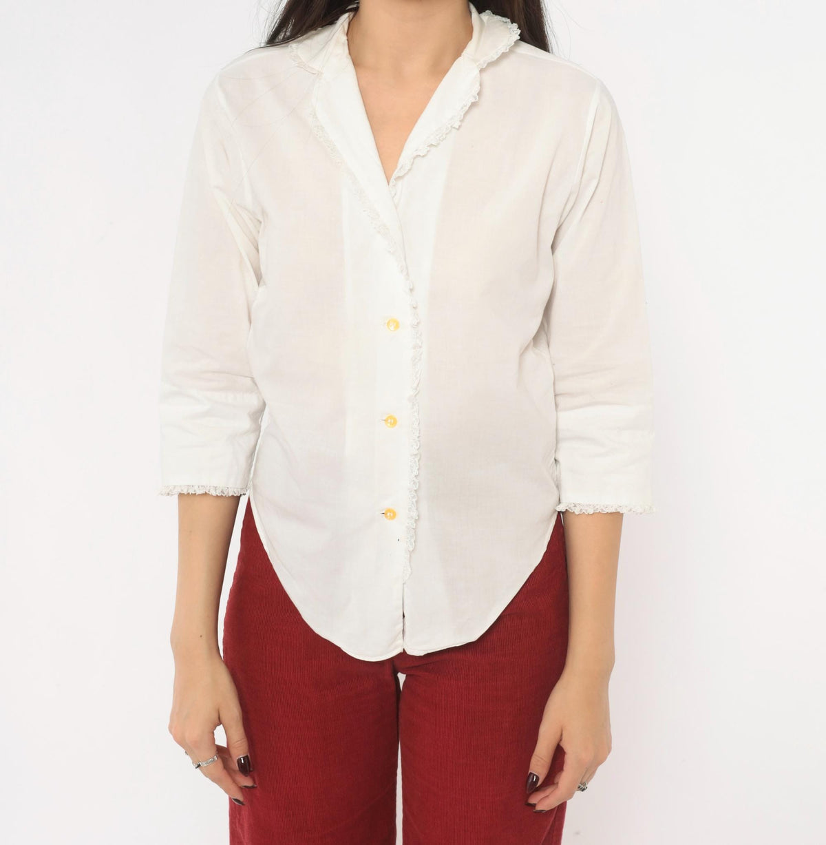 70s Lady Manhattan White Cotton Blouse Lace Trim V Neck Three Quarter Sleeve Extra Small