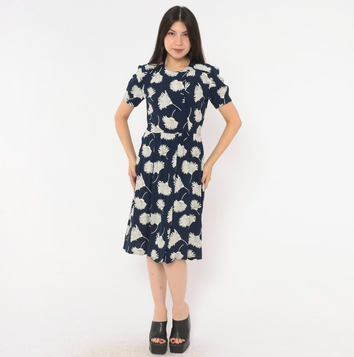 90s Liz Claiborne Navy Floral Dress White Daisy Print Puff Sleeve Small S