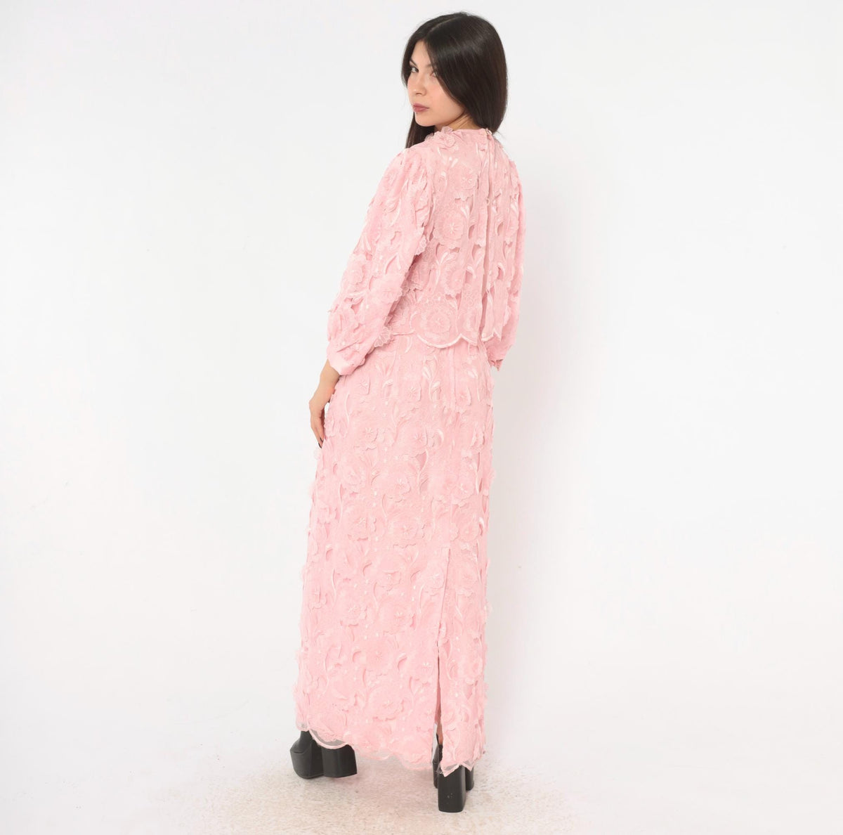 80s Bernadette Designs Pink Maxi Dress Floral Embroidered Puff Sleeve Large L