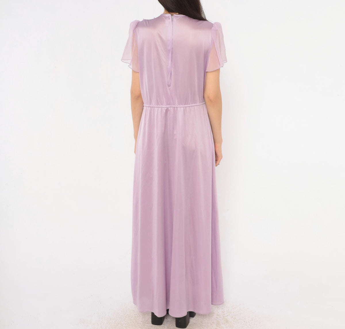 70s Lilac Chiffon Maxi Dress Flutter Sleeve A-Line Purple Pastel Large L