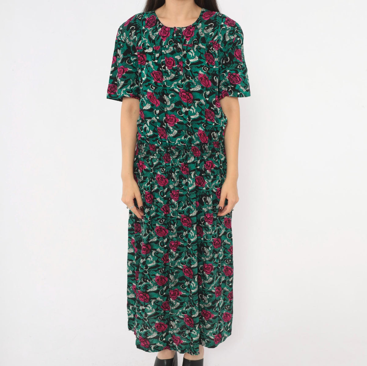 90s Virgo II Rose Print Maxi Dress Teal Pink Button Front Medium