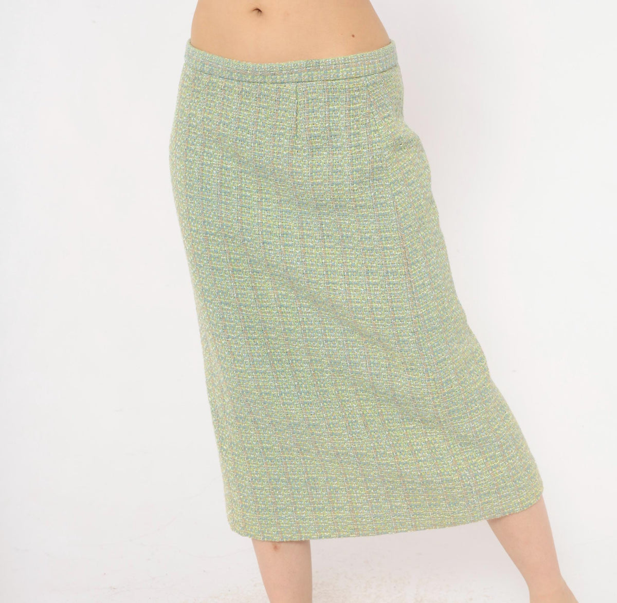 Y2K Green Tweed Midi Skirt Henry Lee Boucle High Waist Pencil Medium M