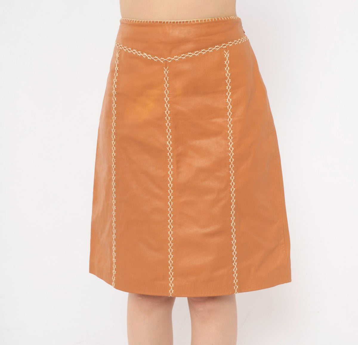 Y2K GAP Tan Leather A-Line Skirt Whipstitch Cream Stitching Small S