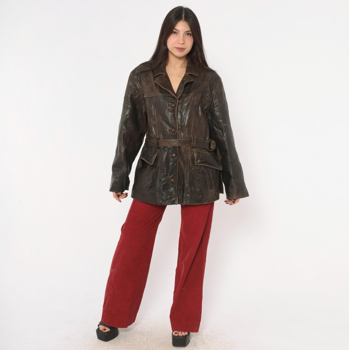 90s Oakwood Brown Leather Jacket Belted Waist Button Front Moto Large