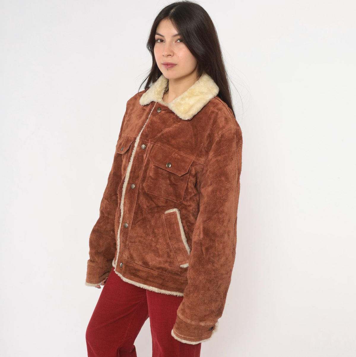 70s Grande Bay Brown Suede Trucker Jacket Shearling Lined Medium