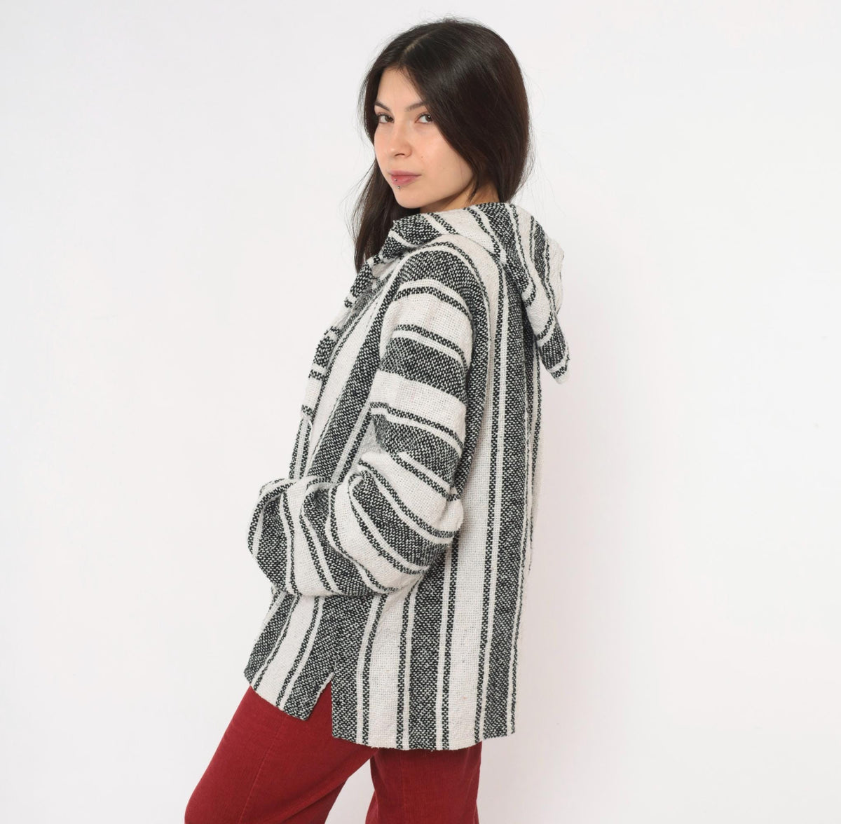 90s Baja Hoodie Black White Striped Woven Pullover Kangaroo Pocket Large L