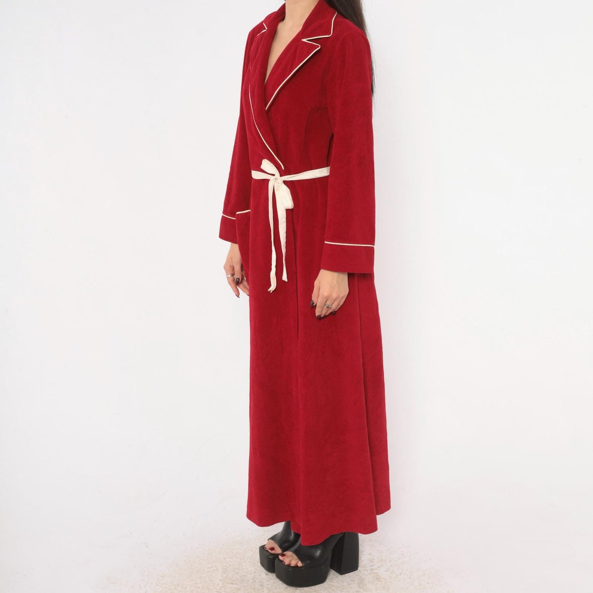 80s Kayser Red Wrap Robe Maxi Dressing Gown White Piping Medium M