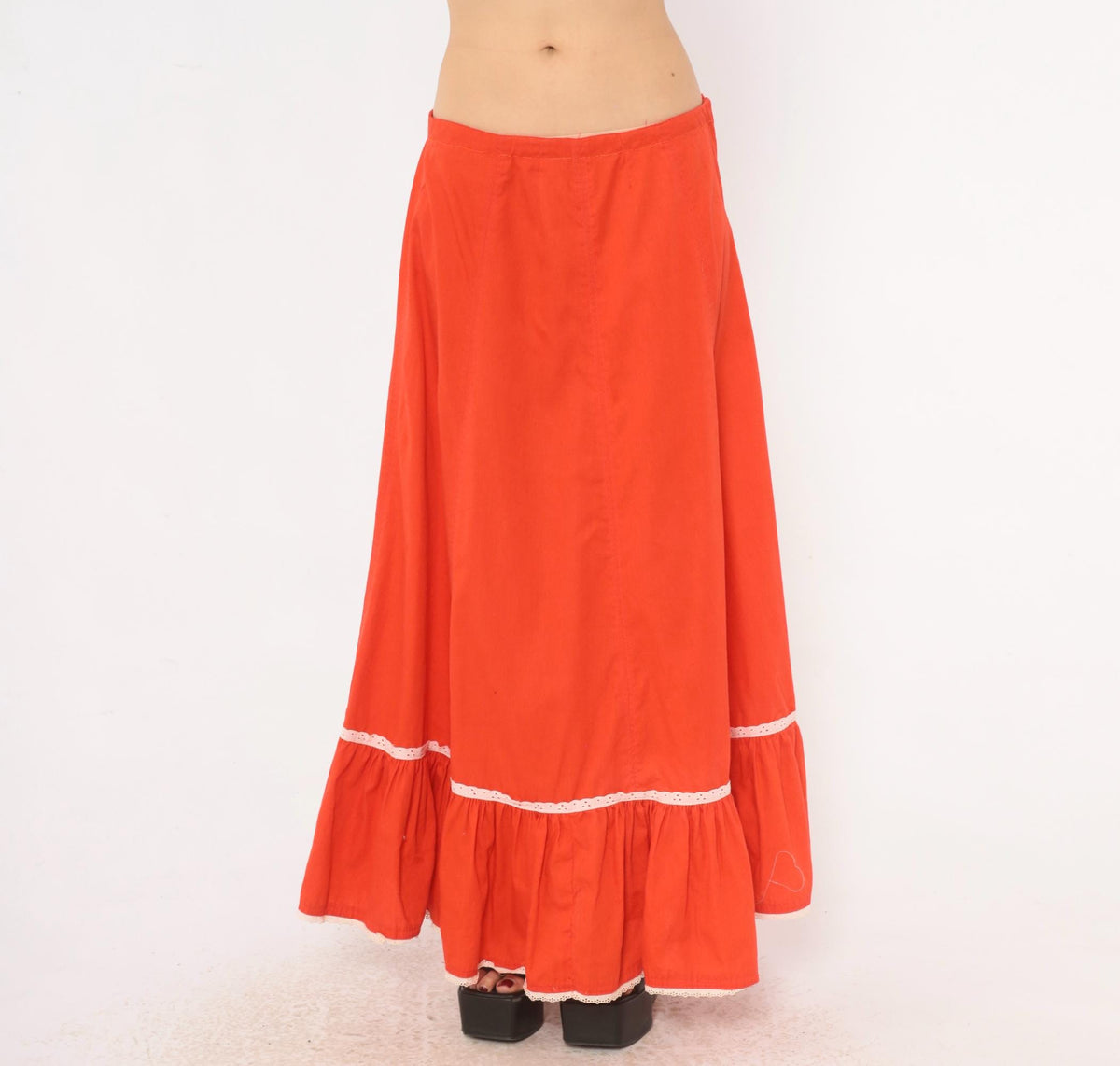 70s Orange Prairie Skirt Tiered Ruffle Eyelet Lace Trim Ankle Length Large