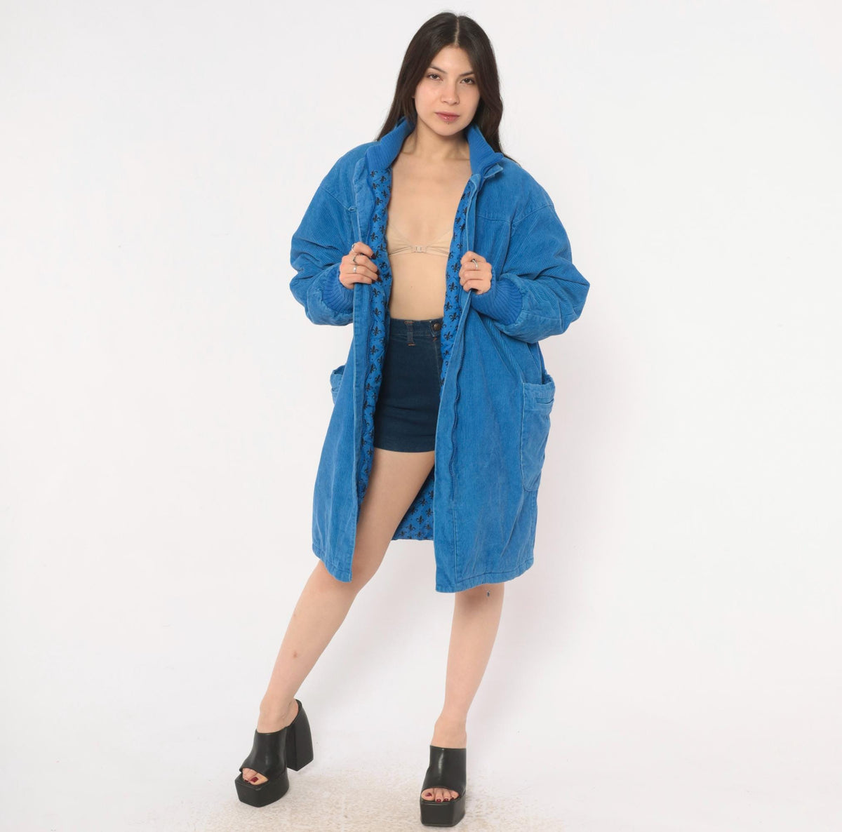 80s Windy Weather Corduroy Coat Blue Zip Front Stand Collar Large L