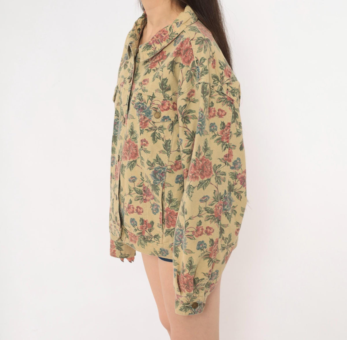90s Woolrich Floral Denim Jacket Beige Cotton Canvas Pink Rose Print Extra Large XL
