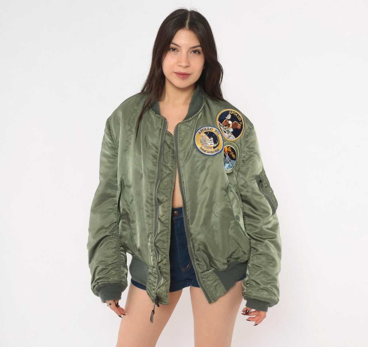 90s MA-1 Bomber Jacket Olive Green Reversible Orange Flight Coat Large L