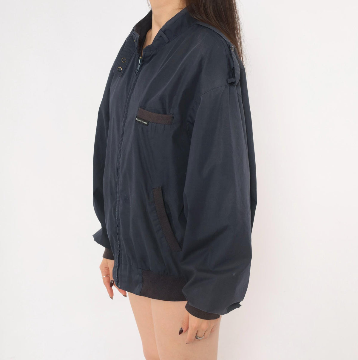 80s Members Only Bomber Jacket Navy Blue Zip Front Stand Collar Large L