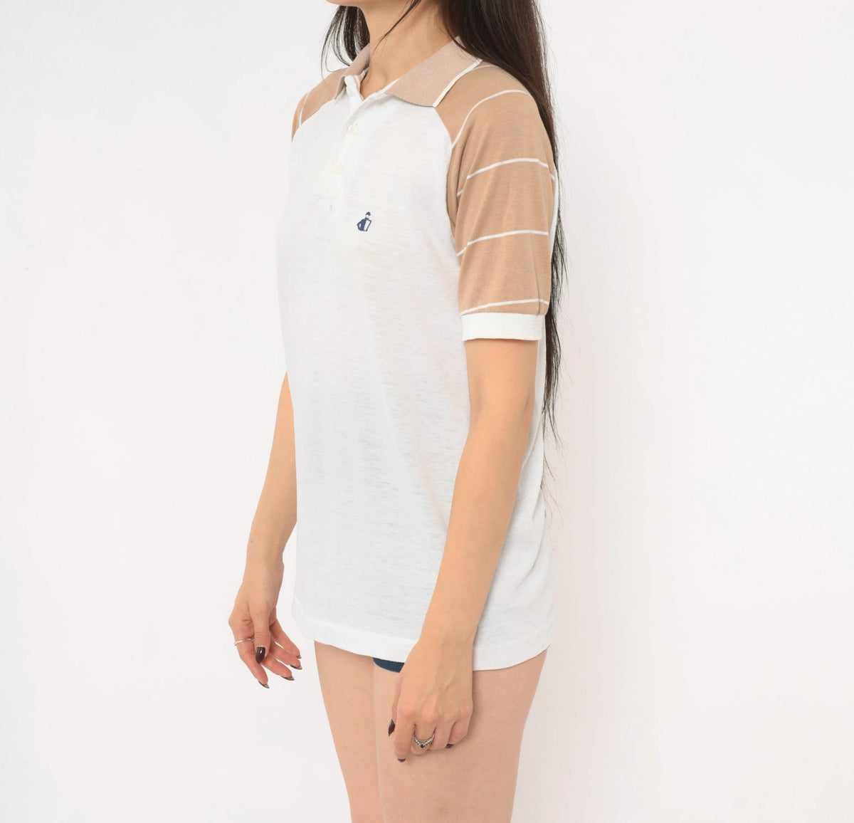 80s Colorblock Polo Shirt Raglan Striped White Tan Knit Medium