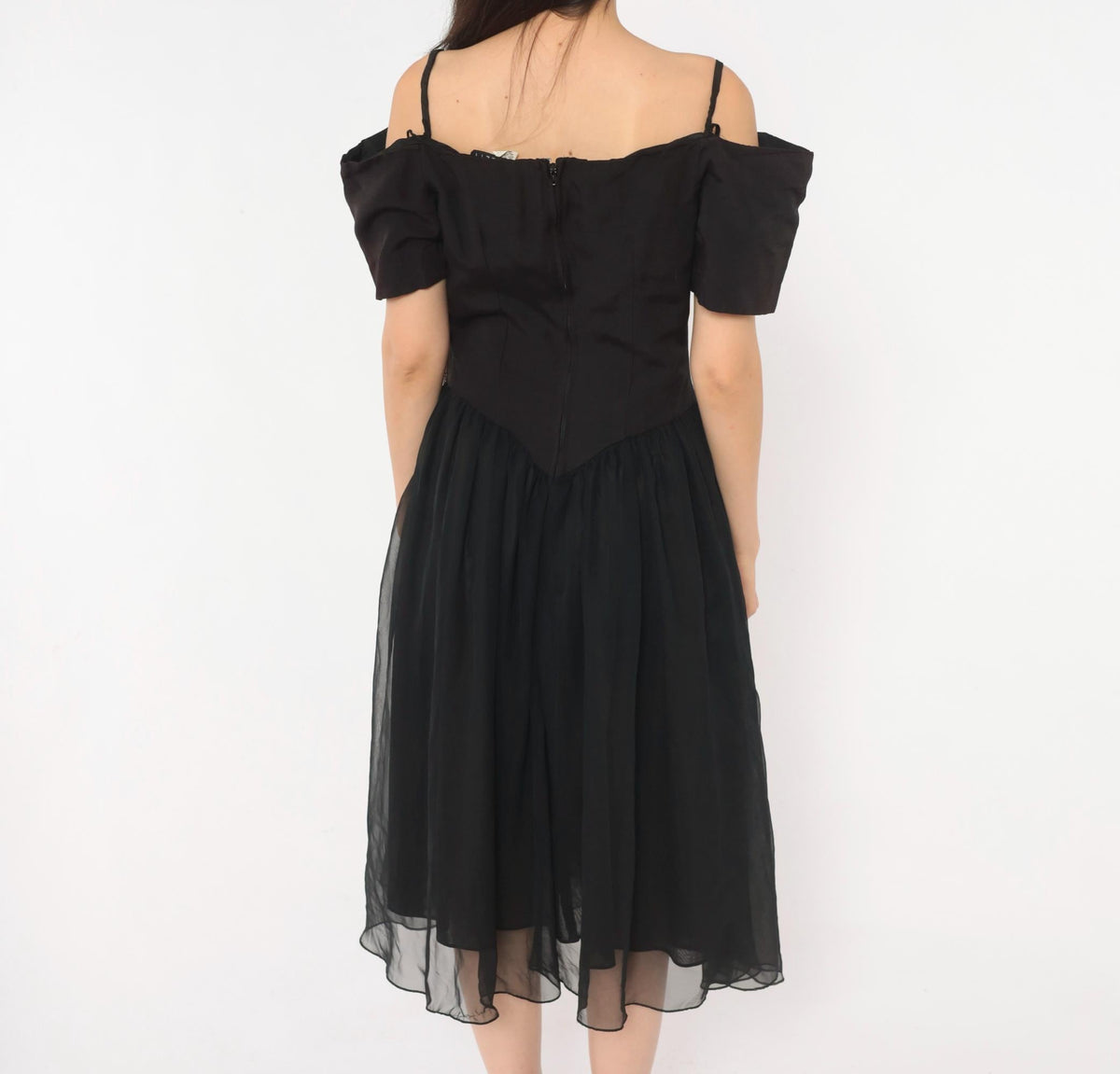 90s Nite Scarlett Black Midi Dress Sweetheart Neckline Puff Sleeve Small