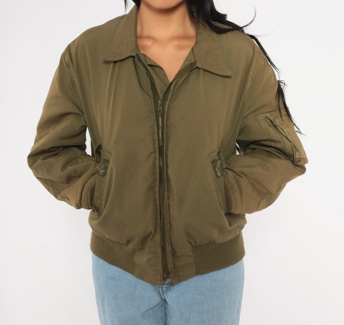 90s Olive Green Military Flight Jacket Bomber Zip Front Medium