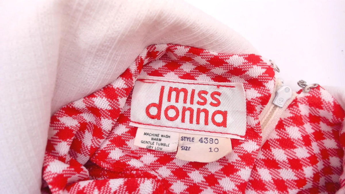70s Miss Donna Gingham Maxi Dress Red White Check Pointed Collar Small