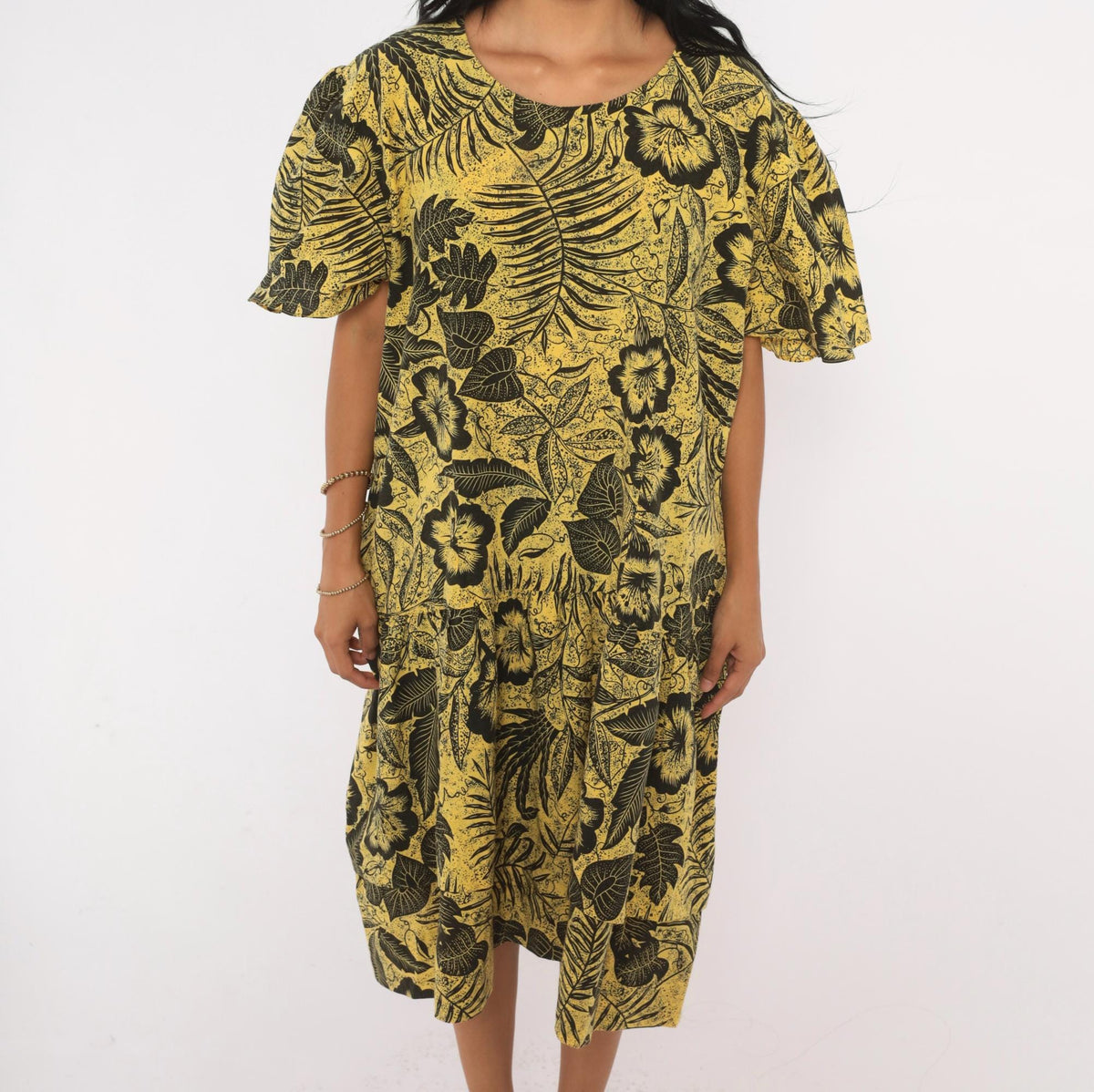 80s Yellow Black Hibiscus Tropical Floral Cotton Dress Flutter Sleeve Extra Large