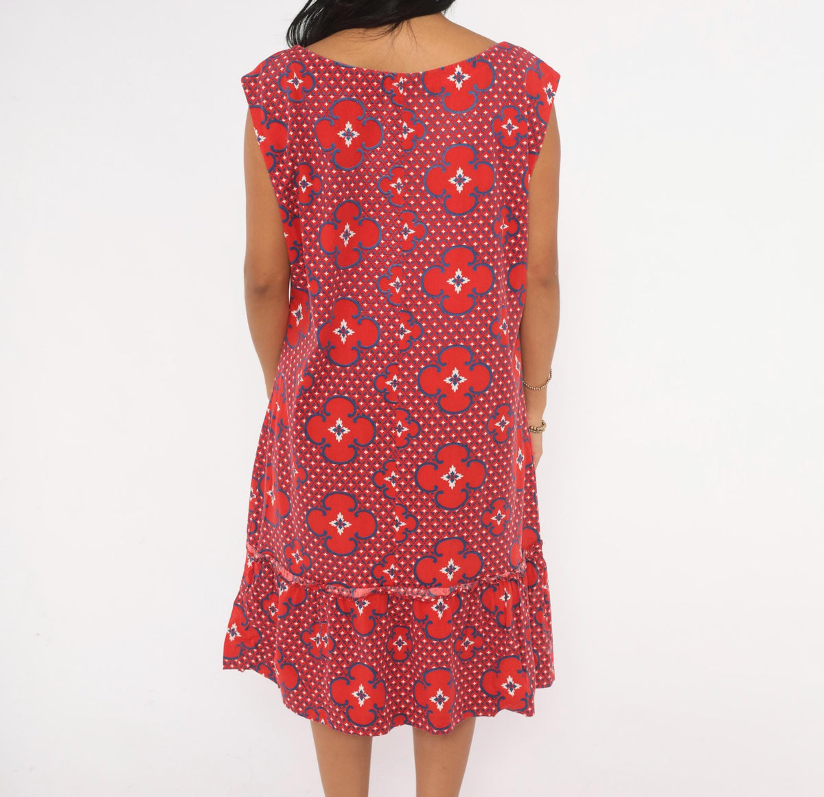 80s Red Floral Cotton Sundress Cobalt Geometric Print Drop Waist Cap Sleeve Large